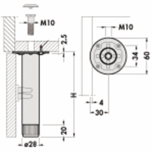 PIEDS MEUBLE METAL AVEC PLATINE H100/115 le lot de 4